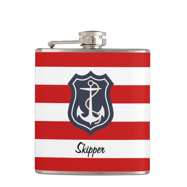Nautical Stripes and Anchor with Monogram Hip Flask (Front)