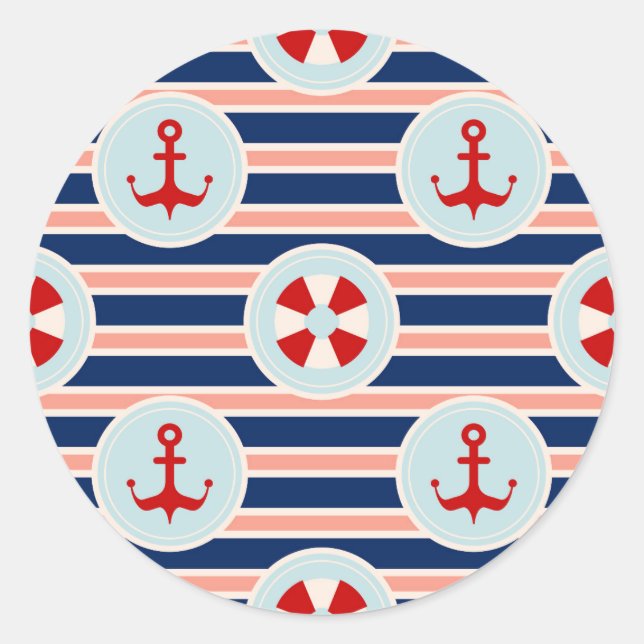 Nautical Stripes And Dots Pattern Classic Round Sticker (Front)