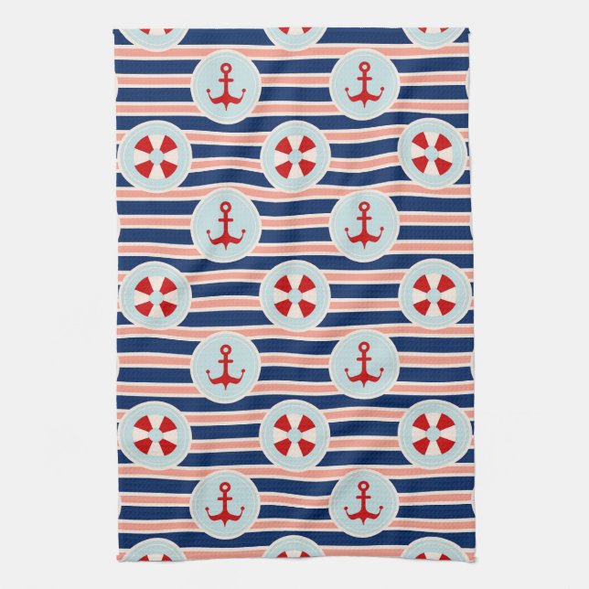 Nautical Stripes And Dots Pattern Tea Towel (Vertical)