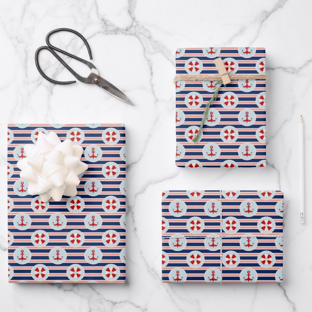 Nautical Stripes And Dots Pattern Wrapping Paper Sheet (Front)