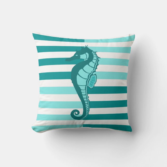 Nautical stripes and seahorse - warm Aqua Marine Cushion (Front)