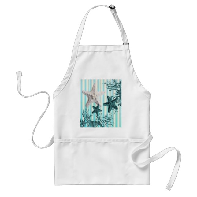 nautical stripes aqua blue starfish seashells standard apron (Front)