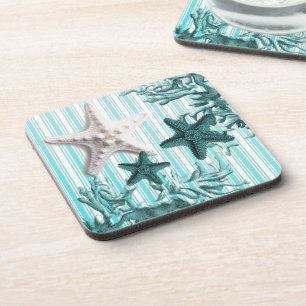 nautical stripes aqua seashells blue starfish coaster