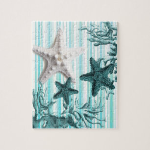 nautical stripes aqua seashells blue starfish jigsaw puzzle