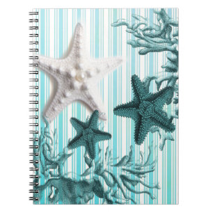 nautical stripes aqua seashells blue starfish spiral notebook