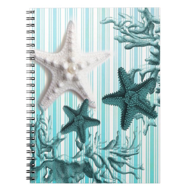 nautical stripes aqua seashells blue starfish spiral notebook (Front)