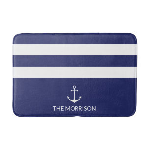 Nautical Stripes Boat Name white anchor navy blue Bath Mat