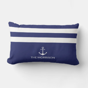 Nautical Stripes Boat Name white anchor navy blue Lumbar Cushion