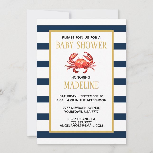Nautical Stripes Crab Baby Shower Invitation (Front)