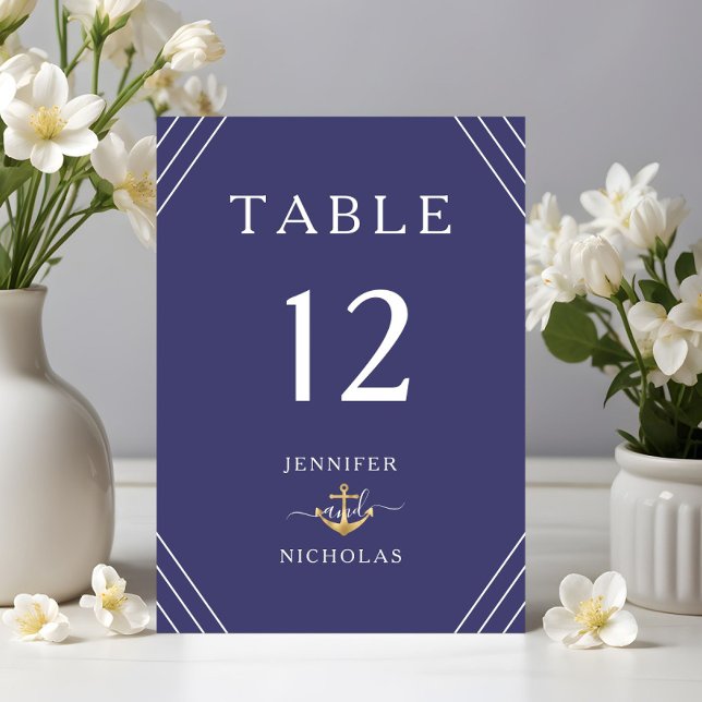 Nautical Stripes Gold Anchor Navy Blue Wedding Table Number (Nautical Stripes Gold Anchor Navy Blue Wedding Table Number)