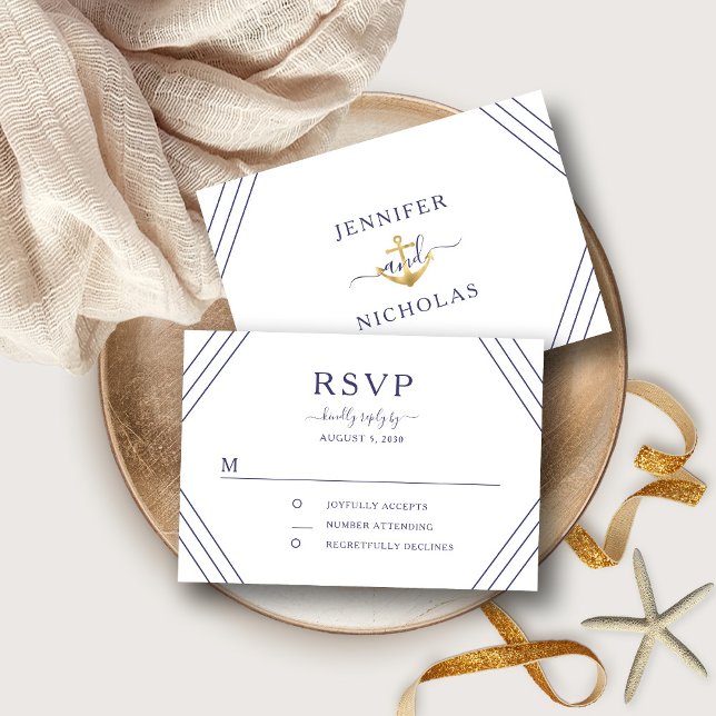 Nautical Stripes Gold Anchor Wedding RSVP Card (Front/Back Nautical Stripes Gold Anchor Wedding RSVP)