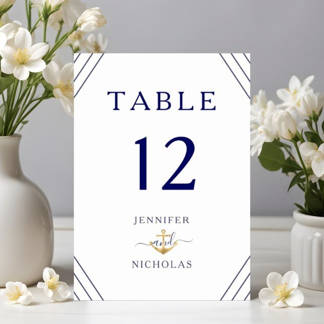 Nautical Stripes Gold Anchor Wedding  Table Number (Nautical Stripes Gold Anchor Wedding Table Number)