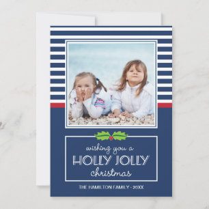 Nautical Stripes Holly Jolly Christmas Flat Card
