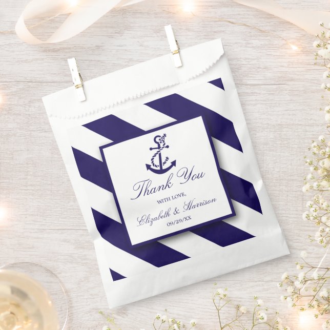 Nautical Stripes & Navy Blue Anchor Wedding Favour Bags (Clipped)