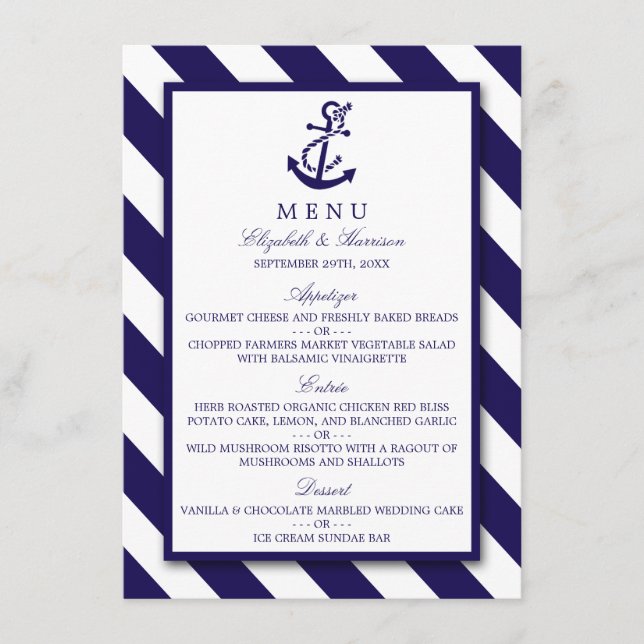 Nautical Stripes & Navy Blue Anchor Wedding Menu (Front)