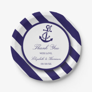 Nautical Stripes & Navy Blue Anchor Wedding Paper Plate