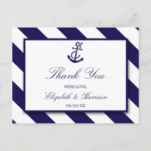 Nautical Stripes & Navy Blue Anchor Wedding Postcard