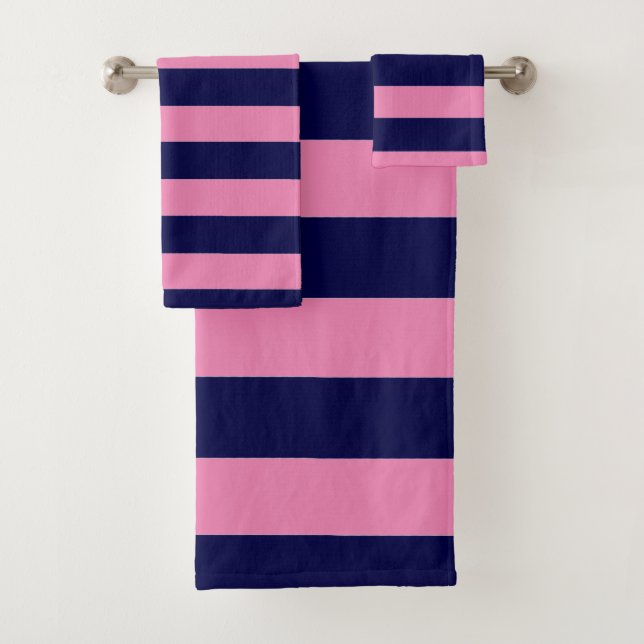 Nautical Stripes Navy Blue and Light Pink Bath Towel Set (Insitu)