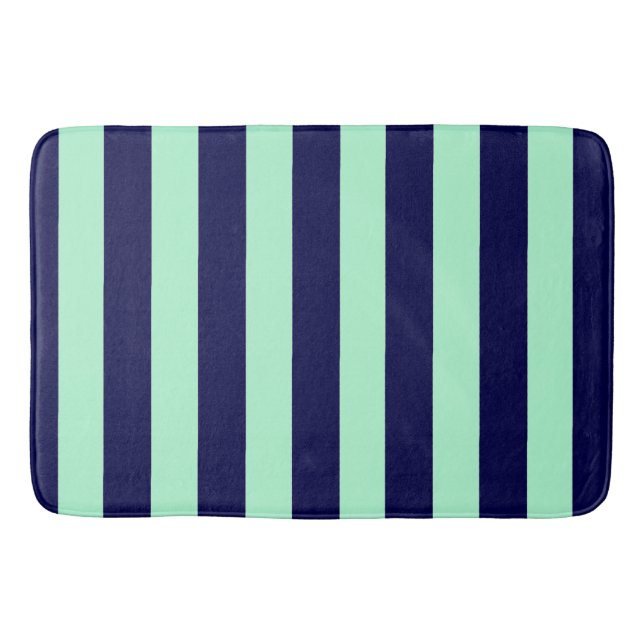 Nautical Stripes Navy Blue and Mint Green Bath Mat (Front)