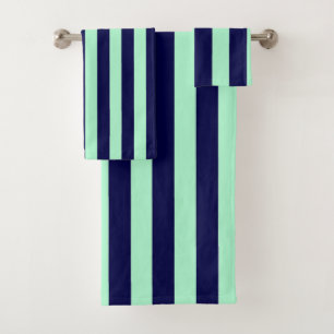 Nautical Stripes Navy Blue and Mint Green Bath Towel Set