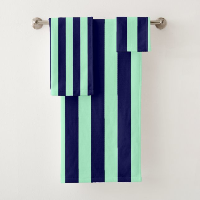 Nautical Stripes Navy Blue and Mint Green Bath Towel Set (Insitu)