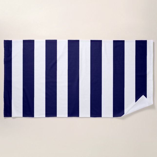 Nautical Stripes Navy Blue and White  Beach Towel (Front)