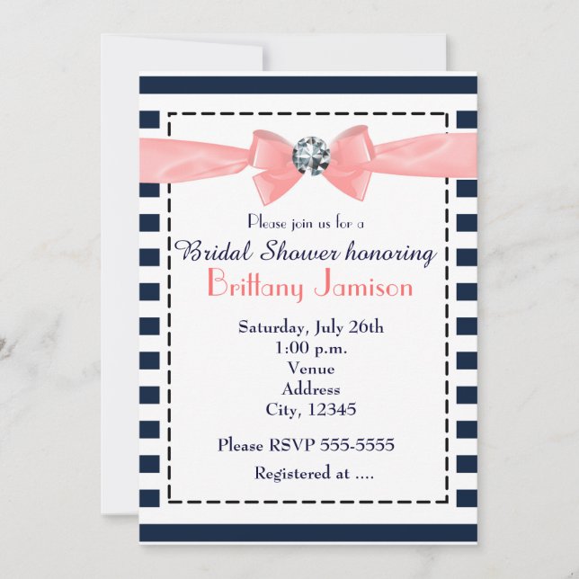 Nautical Stripes Navy Blue Peach Bow Invitations (Front)