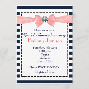 Nautical Stripes Navy Blue Peach Bow Invitations
