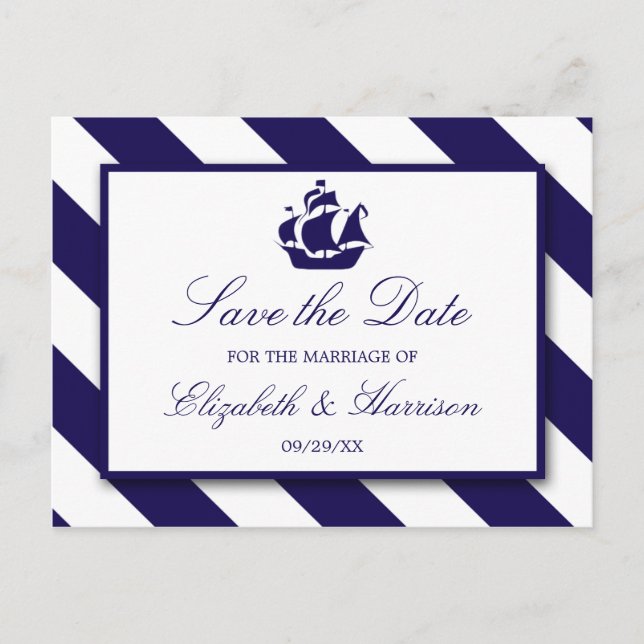 Nautical Stripes & Navy Blue Ship Save The Date Announcement Postcard (Front)