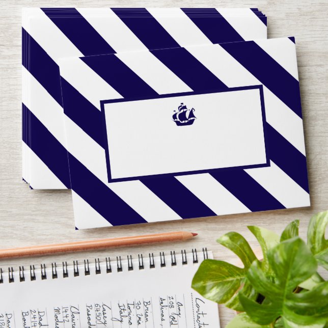 Nautical Stripes & Navy Blue Ship Wedding Envelope (Stacked)