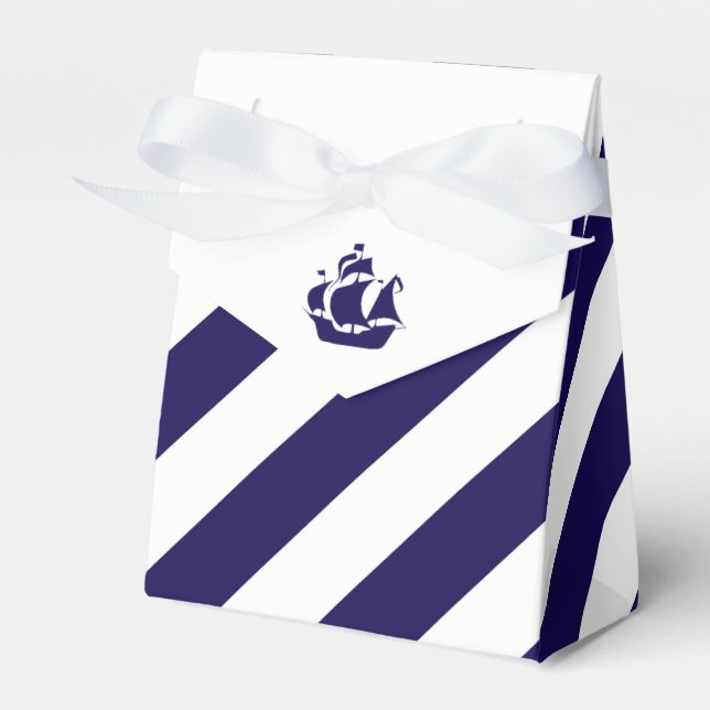 Nautical Stripes & Navy Blue Ship Wedding Favour Box (Front Side)