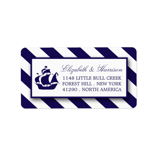 Nautical Stripes & Navy Blue Ship Wedding Label (Front)