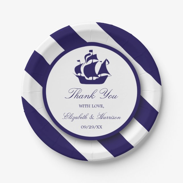 Nautical Stripes & Navy Blue Ship Wedding Paper Plate (Front)
