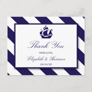 Nautical Stripes & Navy Blue Ship Wedding Postcard