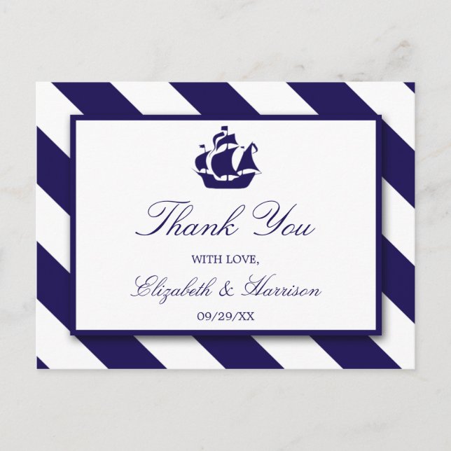 Nautical Stripes & Navy Blue Ship Wedding Postcard (Front)