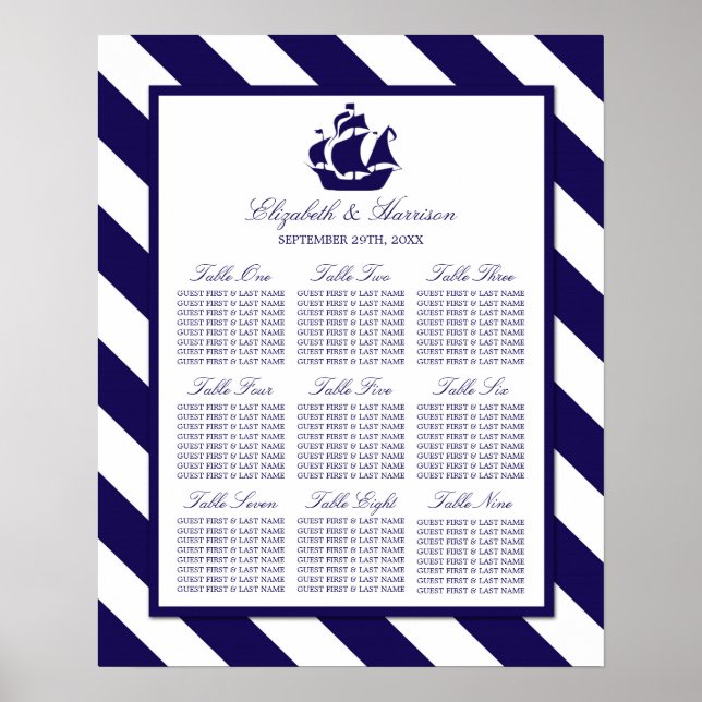 Nautical Stripes & Navy Blue Ship Wedding Poster (Front)