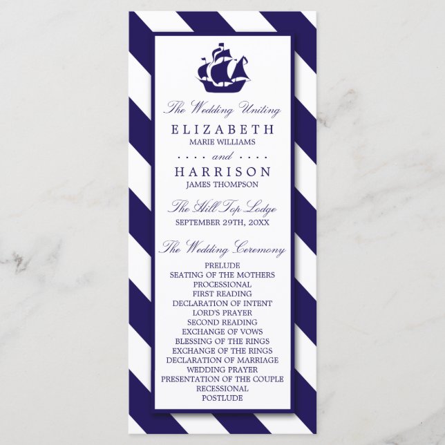 Nautical Stripes & Navy Blue Ship Wedding Programme (Front)