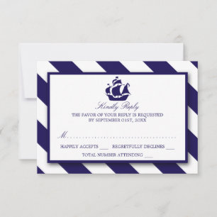 Nautical Stripes & Navy Blue Ship Wedding RSVP Card