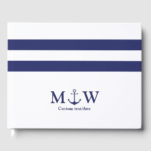 Nautical Stripes navy blue white anchor wedding Guest Book
