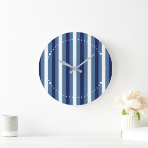 Nautical Stripes Navy Smokey Blue Crisp White Large Clock