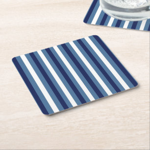 Nautical Stripes Navy Smokey Blue Crisp White Square Paper Coaster