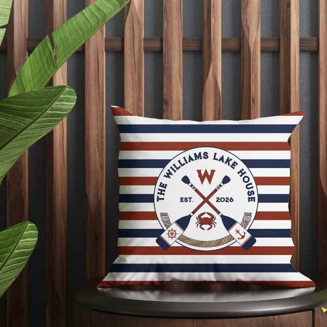 Nautical Stripes Oars Crab Monogram Lake House Cushion (Creator Uploaded)