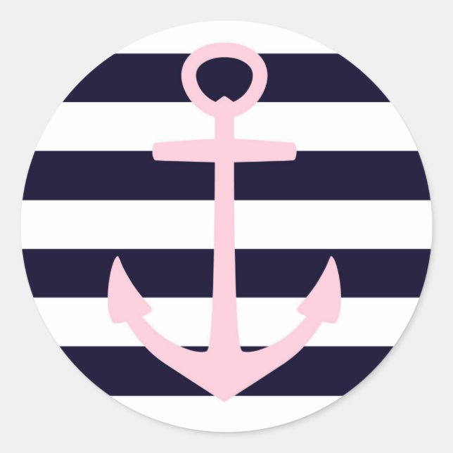 Nautical stripes & pink anchor classic round sticker (Front)