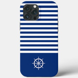 Nautical Stripes+Ships Wheel Blue+White iPhone 13 Pro Max Case