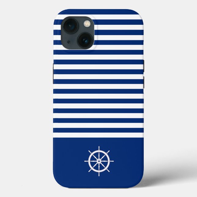 Nautical Stripes+Ships Wheel Blue+White Case-Mate iPhone Case (Back)