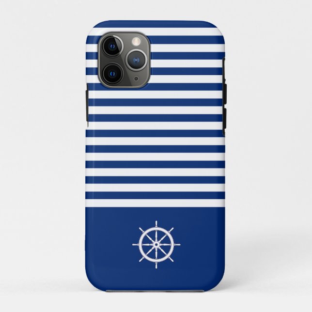 Nautical Stripes+Ships Wheel Blue+White Case-Mate iPhone Case (Back)