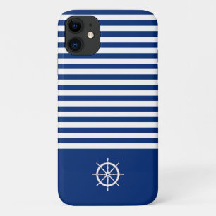 Nautical Stripes+Ships Wheel Blue+White Case-Mate iPhone Case