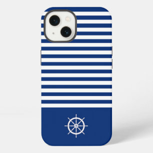 Nautical Stripes+Ships Wheel Blue+White iPhone 13 Case