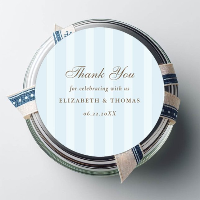 Nautical Stripes Sky Blue Elegant Wedding Favour Classic Round Sticker (wild beach wedding couple favor thank you sticker nautical stripes formal modern classic)