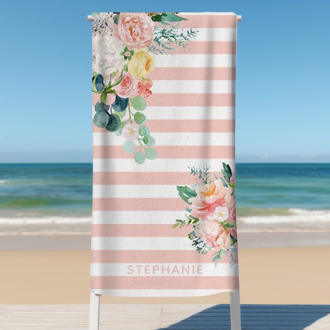 Nautical Stripes Watercolor Floral Pink Name Beach Towel (Creator Uploaded)